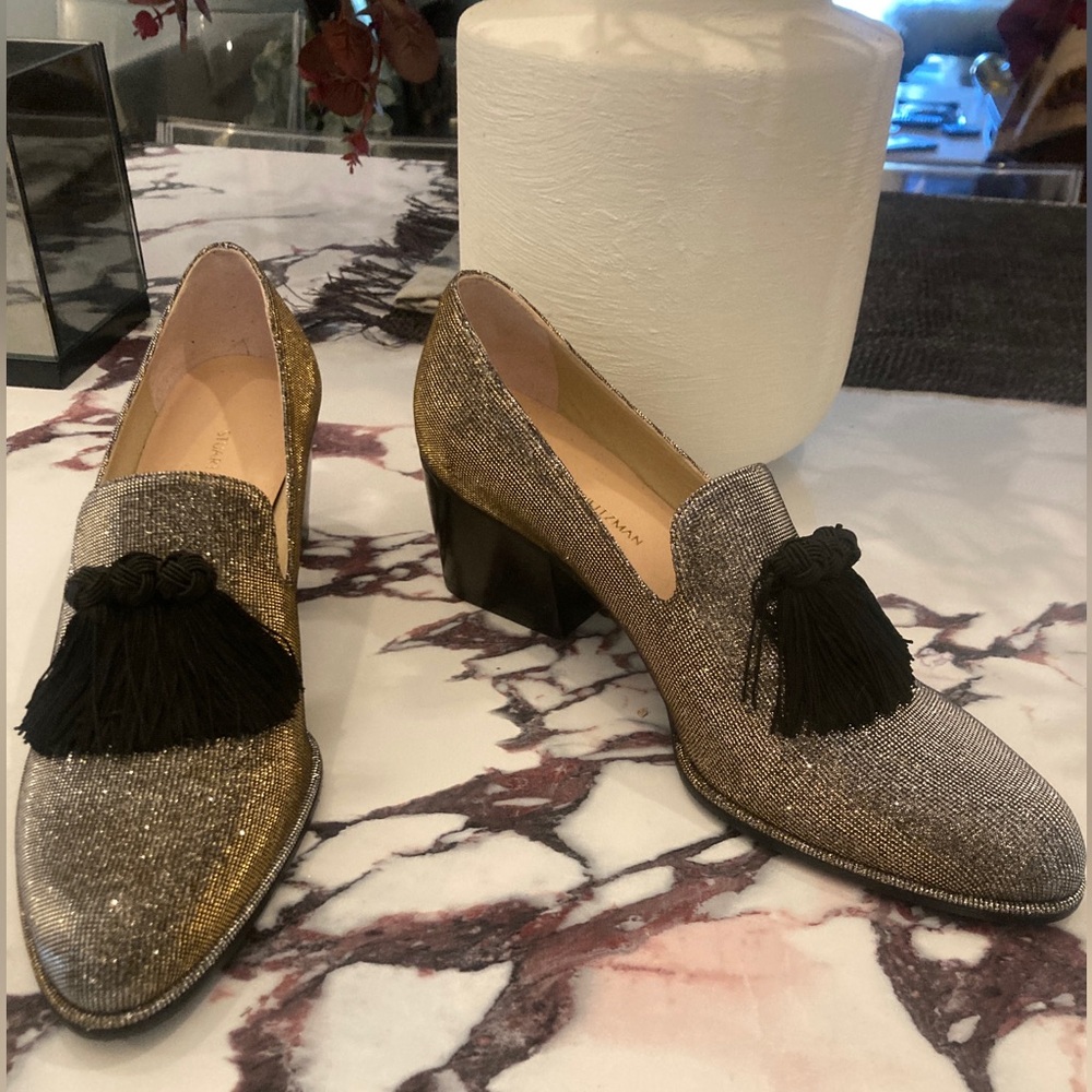NEW Stuart Weitzman 6 sparkle silver tassel black loefers shoes flats lame glam